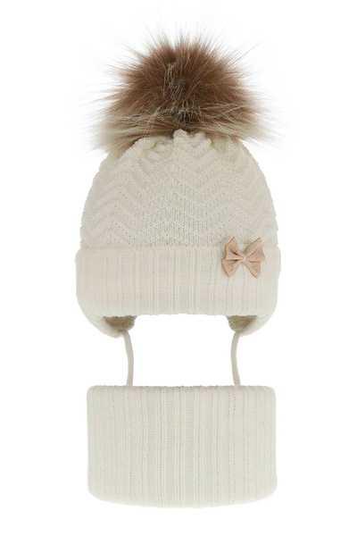 Зимний комплект для девочки: кремовая шапка и труба с помпоном Хлоя