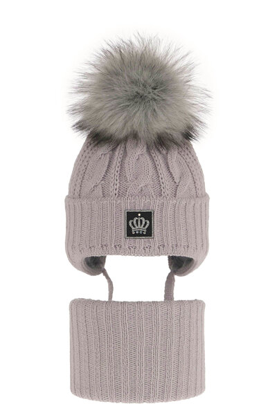 Зимний комплект для девочки: шапка и дымоход светло-серого цвета Tigra