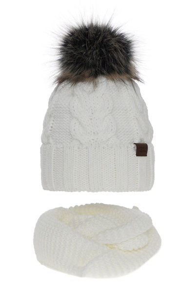 Зимний комплект для девочки: шапка и труба белые с помпоном Torina