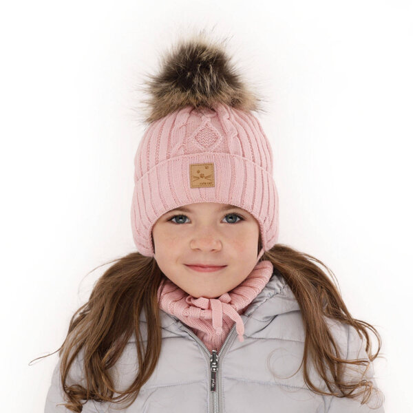 Зимний комплект для девочки: шапка и труба розового цвета с помпоном Aida