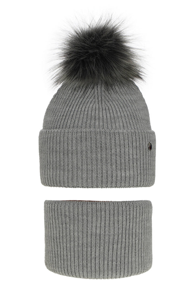 Зимний комплект для девочки: шапочка с помпоном и трубой Reneta серого цвета