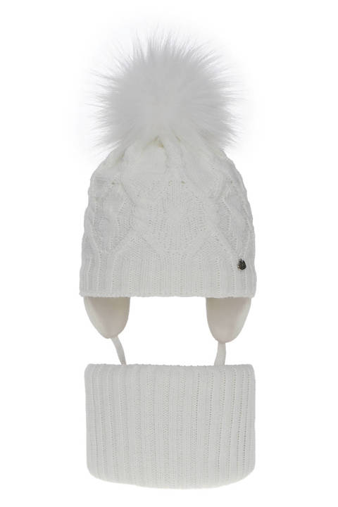 Зимний комплект для девочки: шапка и труба белые с помпоном Елена