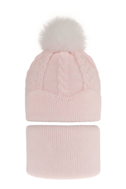 Зимний комплект для девочки: шапка с помпоном и труба розовая Etula