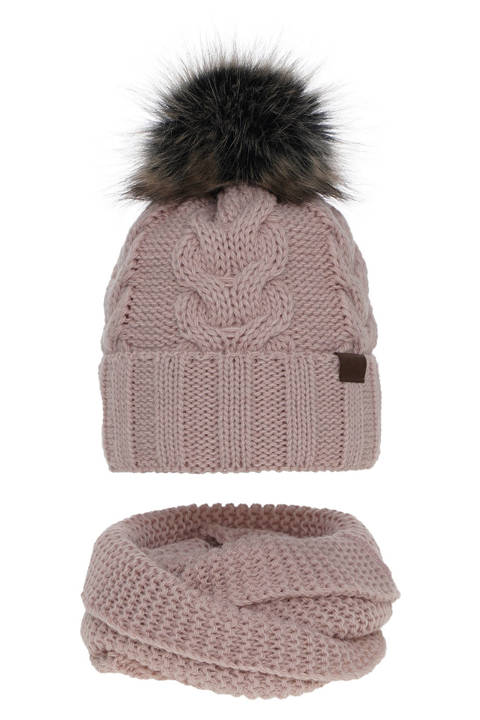 Зимний комплект для девочки: шапочка и труба розовая с помпоном Torina