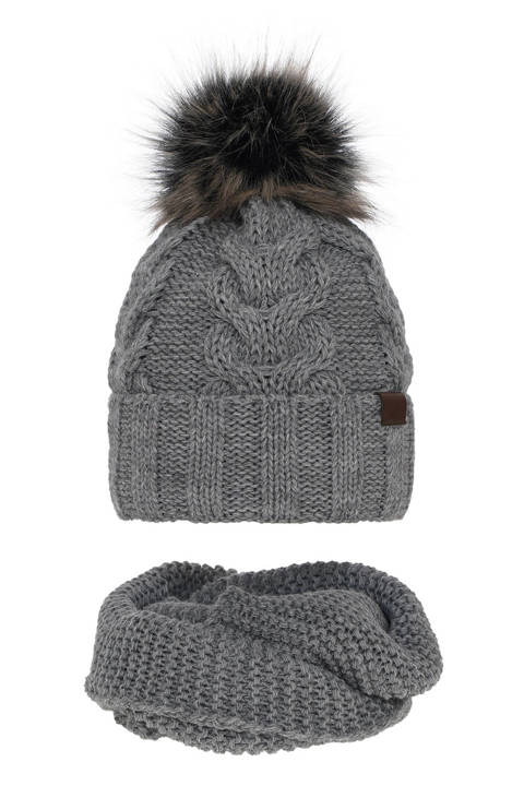 Зимний комплект для девочки: шапочка и труба серая с помпоном Torina